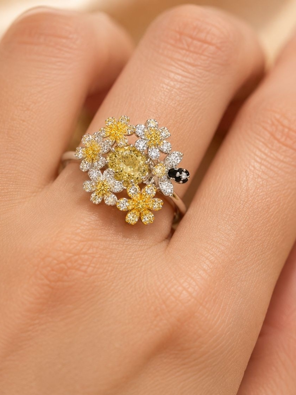Yellow Floral Cluster Ring with Sparkling Accents - Women Jewelry
